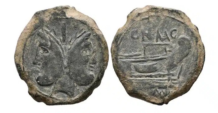 Bronze as. in the name of Pompey the Great, Uncertain mint in Spain, 45 BCE. Image: Numismatica Ibercoin.