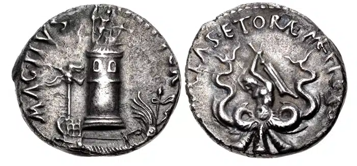 Silver denarius Sextus Pompey. Uncertain Sicilian mint 40-39 BCE. Image: CNG.