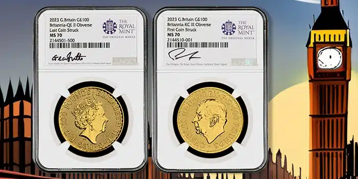 The first and last 100 pound coins struck with Queen Elizabeth II / King Charles effigies. Image: Stack's Bowers / CoinWeek.
