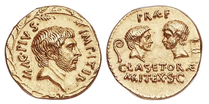 Gold aureus. Sextus Pompeius. Sicily, 42-40 or 37/6 BCE. Image: Heritage Auctions.