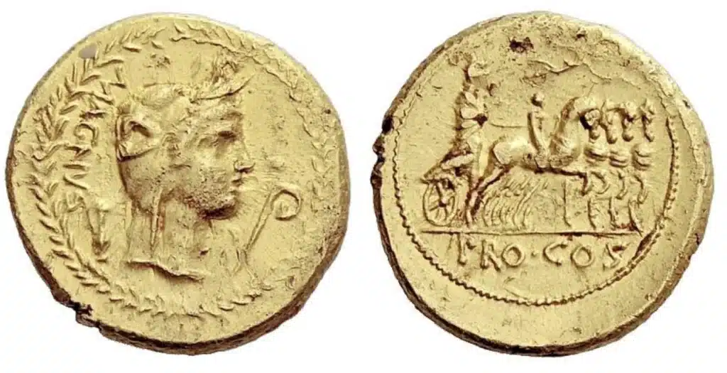 Gold aureus for the triumph of Pompey the Great, 71 BCE. Numismatica Ars Classica.