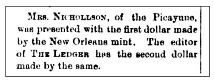 The Brookhaven Ledger news article about first New Orleans Morgan dollar struck.