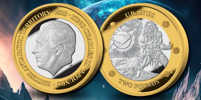 Two Pound commemorative bi-metallic coin honoring Uranus. Image: Pobjoy Mint / CoinWeek.
