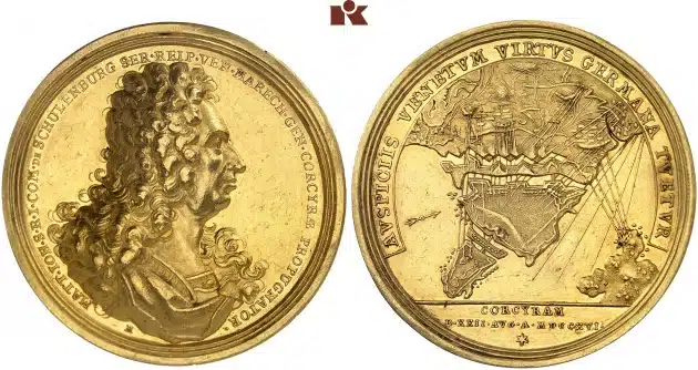 Venezianische Verwaltung, 1710-1721. Goldmedaille zu 15 Dukaten. Image: Fritz Rudolf Künker GmbH & Co. KG.