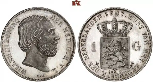 Wilhelm III., 1849-1890. 1 Gulden (100 Cents) 1867, Utrecht. Image: Fritz Rudolf Künker GmbH & Co. KG.