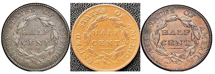 Left: Genuine 1811 C-1 Reverse. Center: Counterfeit. Right: Genuine 1811 C-2 Reverse. Image: Jack Young.