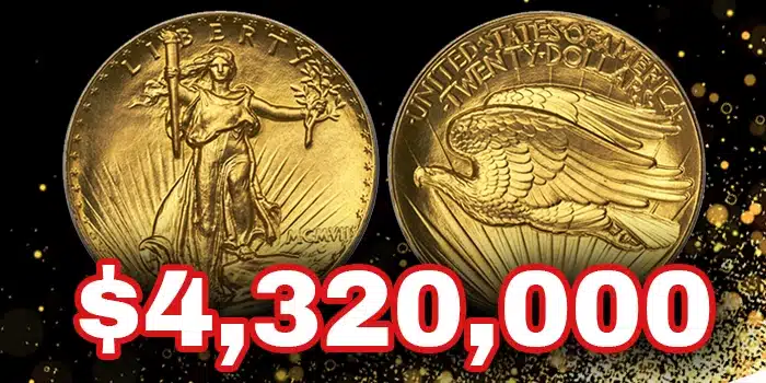 1907 Ultra High Relief Saint-Gaudens double eagle from the Bass Core Collection sold for $4,320,000 at an August 10, 2023 Heritage Auctions sale.
