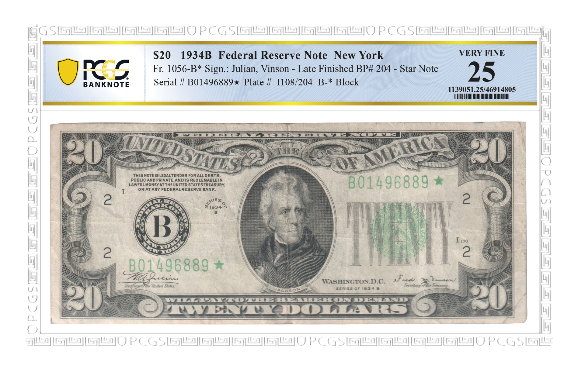 Noteworthy Notes: 1934-B $20 Federal Reserve Note. Image courtesy PCGS.