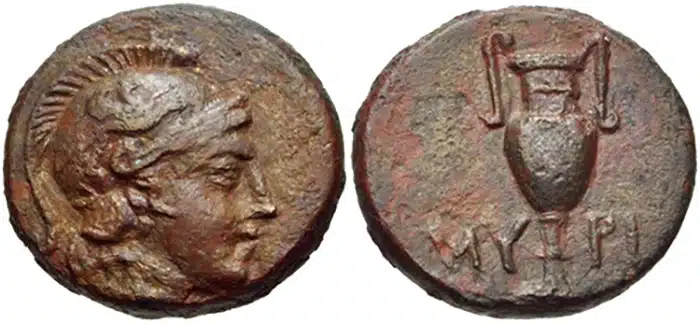 Figure 8: AIOLIS, Myrina. 4th century BCE. AE 16, Helmeted head of Athena right / Amphora,16mm 4.07 g., SNG Munchen 568. (852726, $95).