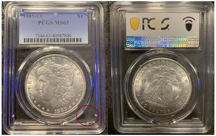Counterfeit 1883-CC Morgan dollar in fake PCGS slab.