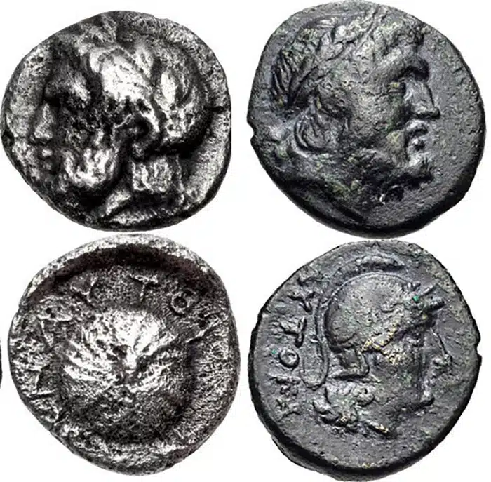 Figure 2: AIOLIS, Autokane. a) 4th century BCE. AR Hemiobol. Laureate head of Zeus left/ poppy seed, AUTOKIANAWN around, 7.5mm. 0.47 g., unpublished. (CNG 102, Lot 403, $400 , 5/16). b) 3rd century BCE. AE 15mm. Laureate head of Zeus right / Helmeted head of Athenaright, AYTOKA, 2.92 g., SNG France 160. (CNG 199. Lot 134, $198, 11/19/08).