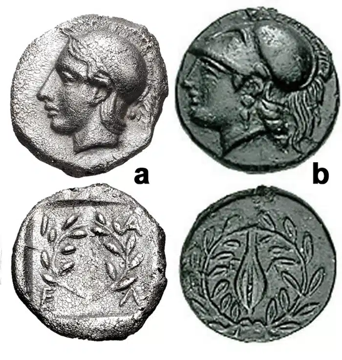 Figure 4: AIOLIS, Elaia. a) Circa 450-400 BC. AR Diobol (, 6h). Helmeted head of Athena left / Laurel wreath within incuse square ELIA, 11mm, 1.27 g., SNG München 382. (CNG 291, Lot: 85, $180, 11/21/12); b) Circa 340-300 BC. AE 10 mm. Helmeted head of Athena left / Barley-corn in olive wreath, E - L, 1.27 g., SNG Copenhagen 169-170. (CNG 61, Lot: 282, $150, 9/25/02).