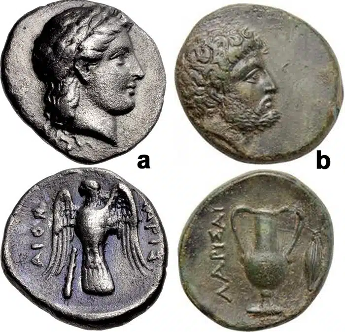 Figure 6: AEOLIS, Larissa Phrikonis. a) 4th century BCE. AR Tetrobol. Laureate head of Apollo right / Eagle, with spread wings, flying upward, head left; club to lower left, 15mm, 2.82 g., Unpublished. (CNG 106, Lot: 323, $450, 9/13/17). b) 4th century BCE. AE 21 mm, bare and bearded male head right / Amphora, grain ear to right, ΛΑΡΙΣΑΙ, 7.51 g., BMC 1. (Numismatik Naumann 53, Lot 207, $386, 5/7/17).