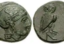 Figure 7: AEOLIS Neonteichos. Circa 2nd Century BC. Æ 17mm. Helmeted head of Athena right; helmet decorated with sphinx / Owl standing right, head facing, standing on NE, 3.68 g. BMC Troas 3. (CNG 122, Lot: 37, $121, 9/7/05)