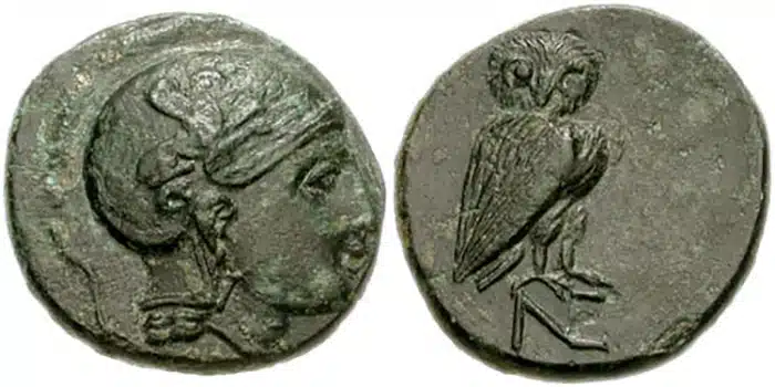 Figure 7: AEOLIS Neonteichos. Circa 2nd Century BCE. Æ 17mm. Helmeted head of Athena right; helmet decorated with sphinx / Owl standing right, head facing, standing on NE, 3.68 g. BMC Troas 3. (CNG 122, Lot: 37, $121, 9/7/05)