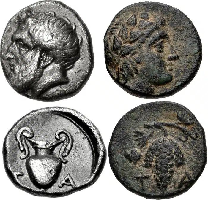 Figure 8: AEOLIS, Temnos. a) 4th-3rd centuries BCE. AR Diobol. Bare head or Dionysos left / Kantharos: T-A flanking, 11mm, 1.55 g., Unpublished. (CNG 94, Lot: 481, $340, 9/18/13). b) 3rd century BCE. AE 13mm. Wreathed head of Dionysos right / Grape bunch on vine; flower to left, T-A flanking, 2.12 g., SNG Copenhagen 251-3 var. (no flower). (CNG 253, Lot 124, $75, 4/6/11).