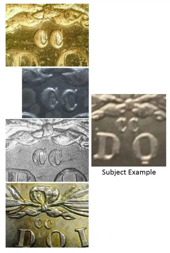 1883-CC Morgan dollar mintmark comparisons vs. subject example.