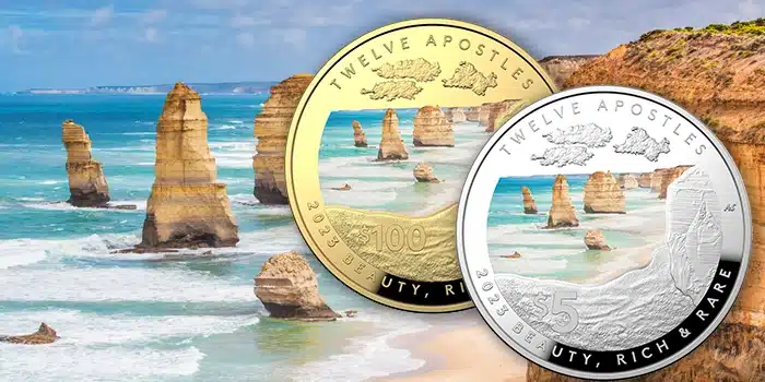 The Royal Australian Mint's 2023 Twelve Apostles colorized coins. Background Adobe Stock. 