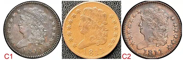 Left: Genuine 1811 C-1 Obverse. Center: Counterfeit. Right: Genuine 1811 C-2 Obverse. Image: Jack Young.