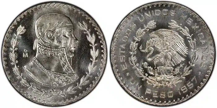 The Mexico 1 peso of 1957 through 1967 constitutes the last circulating silver 1 peso coinage from the American nation. Images courtesy PCGS.