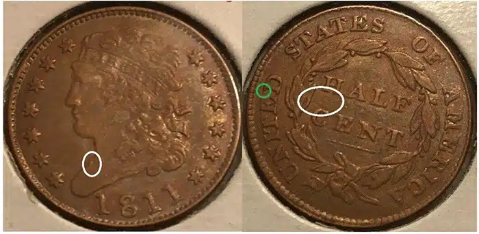 Jack Young 1811 Half Cent Counterfeit. Side-by-Side image. 