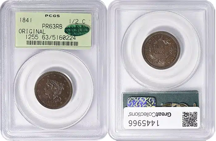 1841 Half Cent Original (PCGS PF63RB CAC). Image: GreatCollections.