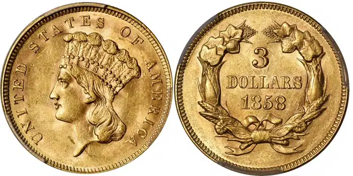 1858 Three Dollar Gold Coin. Image: Stack's Bowers.