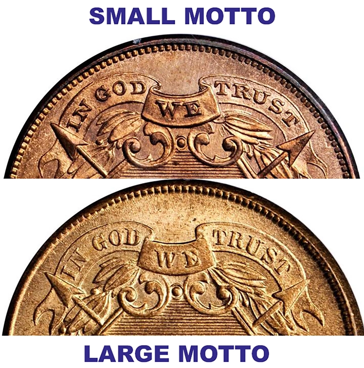 Small Motto and Large Motto 1864 Two-Cent Pieces. Image: Stack’s Bowers / CoinWeek.
