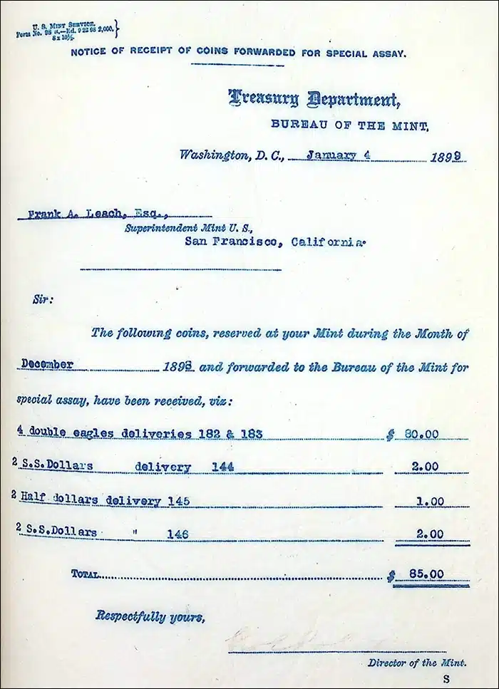 Note of Receipt of Coins Forwarded for Special Assay, January 4, 1899. Image: U.S. National Archives.