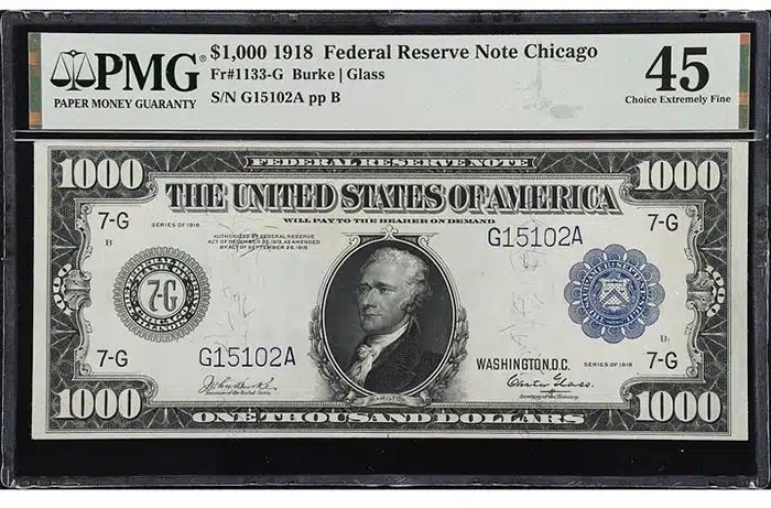 Fr. 1133-G. 1918 $1000 Federal Reserve Note. Chicago. PMG Choice Extremely Fine 45. Image: Stack's Bowers.