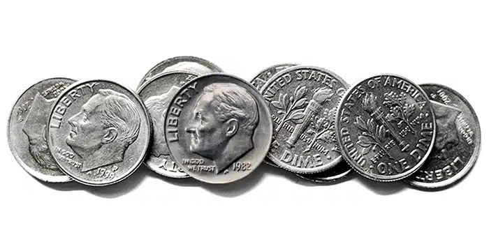 The scarce 1982 "No P" Roosevelt dime can be found in change. Image: CoinWeek / Adobe Stock.