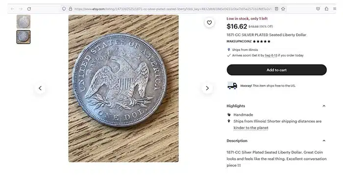 Counterfeit 1871-CC Liberty Seated Dollar fake coin. Image: Etsy.
