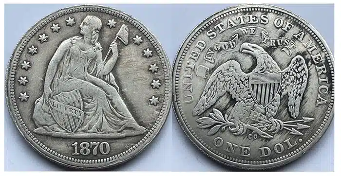 Counterfeit 1870-CC Liberty Seated dollar. Image: eBay.