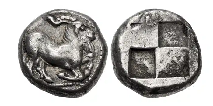 Paros (c) 490-480 BCE silver drachm. Image: Classical Numismatic Group.