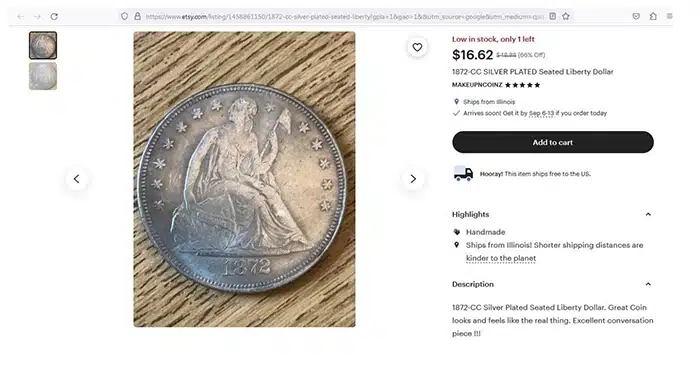 Etsy listing of a fake 1872-CC Liberty Seated dollar. Image: Etsy.
