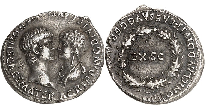 Nero and Agrippina Junior. Denarius, 54.