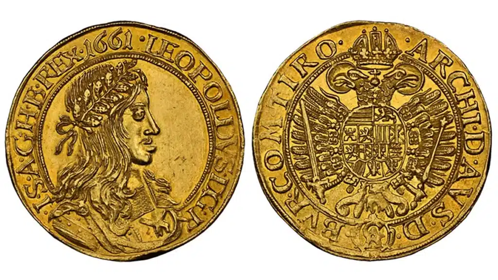 A choice Mint State 1661 Austrian 5 Ducat gold coin. Image: Atlas Numismatics.