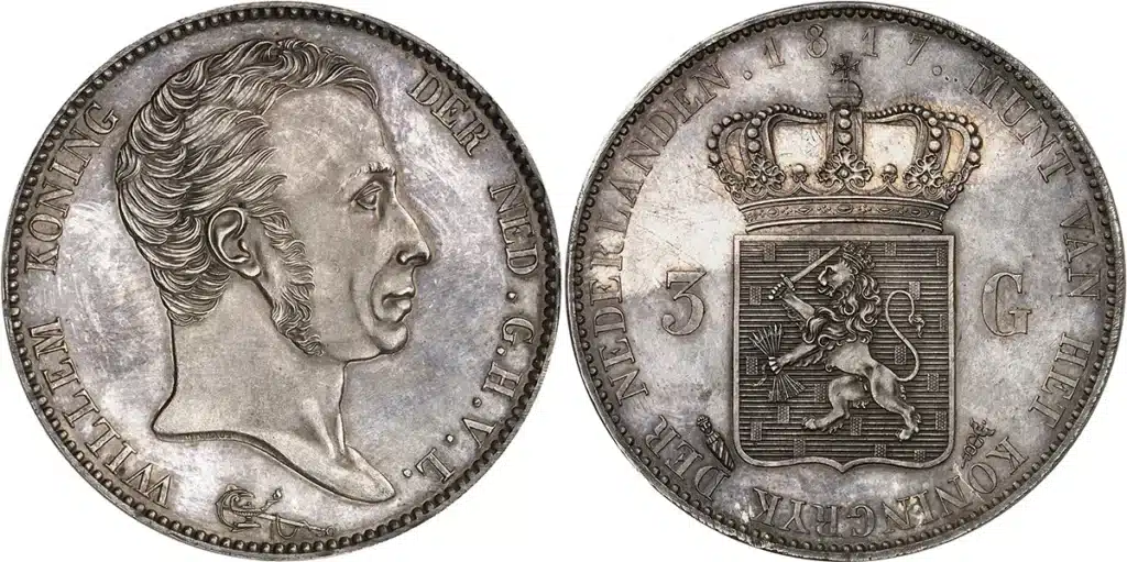 No. 3234. William I, 1813-1840. 3 gulden, 1817, Utrecht. Only 12 specimens minted. Purchased in 1954 from the King Farouk Collection. First strike. Prooflike. Estimate: 30,000 euros. Hammer price: 100,000 euros.