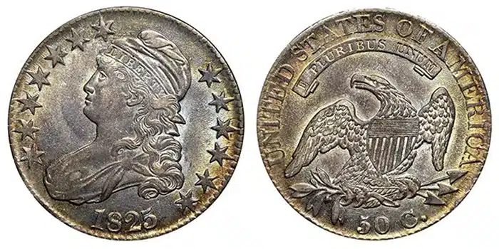 This 1825 Bust Half Dollar graded NGC AU 58 and pedigreed to the Newman Collection realized $3,290 in November 2013.