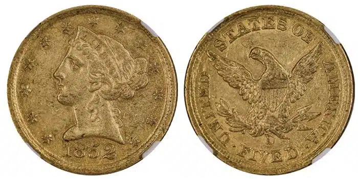 This 1852-D Half Eagle graded NGC AU 58 is an example of a coin with original surfaces. Image: Numismatic Guaranty Company.