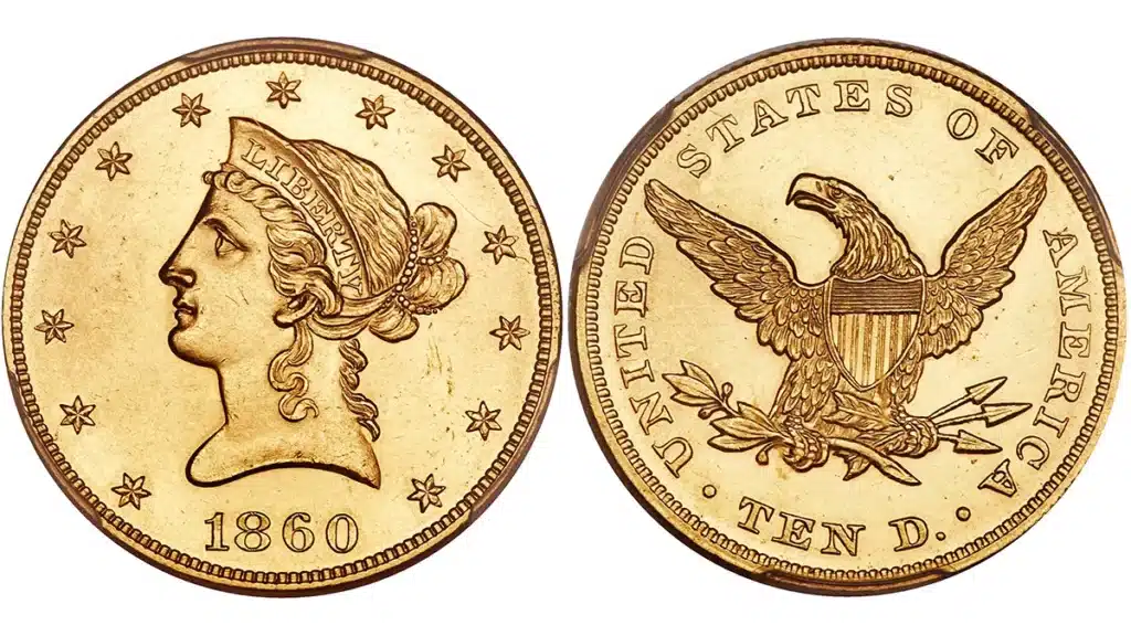 Figure 1. Typical 1860 Eagle referred to by Dr. Torrey. The only clue to adulteration would be at the edge-to-rim junction where a thin seam might be visible. (Photo of a normal coin courtesy HA.com.)