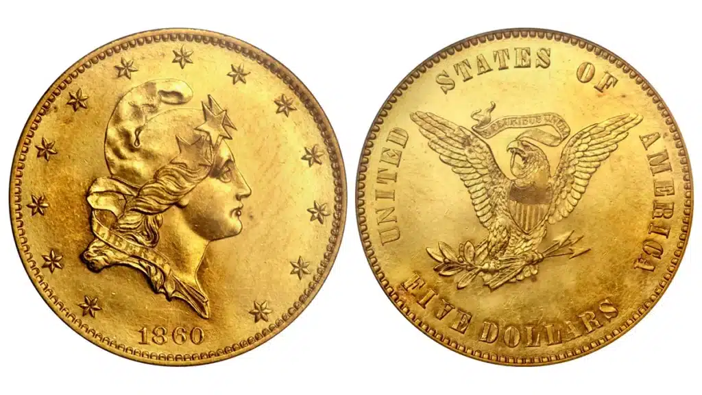 Figure 2. Experimental 1860 thin half eagle produced in response to filling coins with platinum. This pattern is 27 millimeters in diameter, the same diameter as a gold Eagle, but weighs 8.36 grams, identical to a standard half eagle. The pattern is approximately one millimeter thick. This piece is cataloged as Judd 271. (Courtesy HA.com)