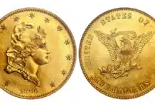 Figure 2. Experimental 1860 thin half eagle produced in response to filling coins with platinum. This pattern is 27 millimeters in diameter, the same diameter as a gold Eagle, but weighs 8.36 grams, identical to a standard half eagle. The pattern is approximately one millimeter thick. This piece is cataloged as Judd 271. (Courtesy HA.com)