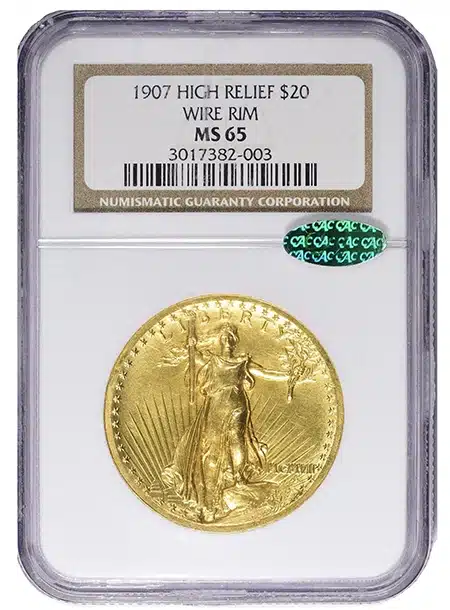 1907 High Relief Saint Gaudens Double Eagle graded MS65 by NGC.