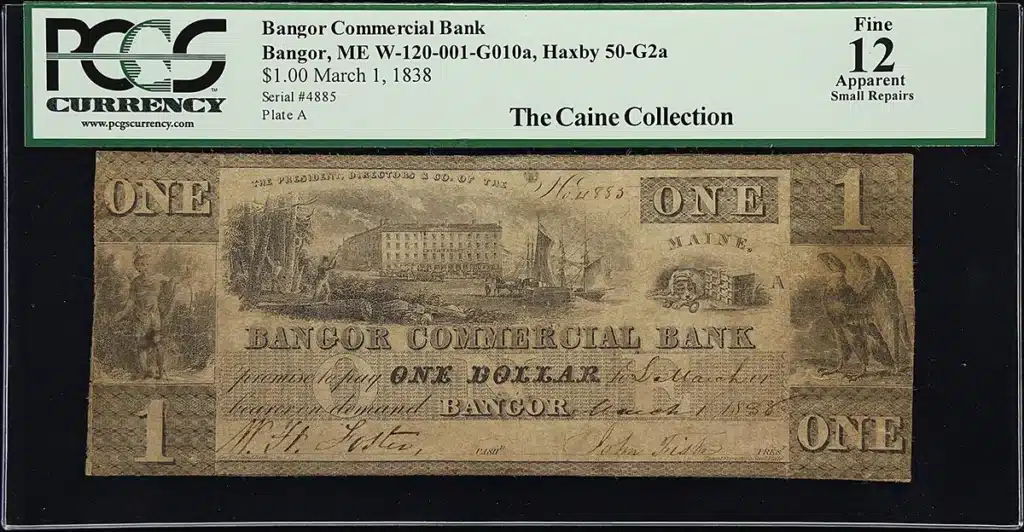 Bangor, Maine. Bangor Commercial Bank. Haxby 50-G2a, W-120-001-G010a. 1838 $1 - Rare U.S. Currency in Stack’s Bowers November 2023 Showcase Auction. Image: Stack's Bowers.
