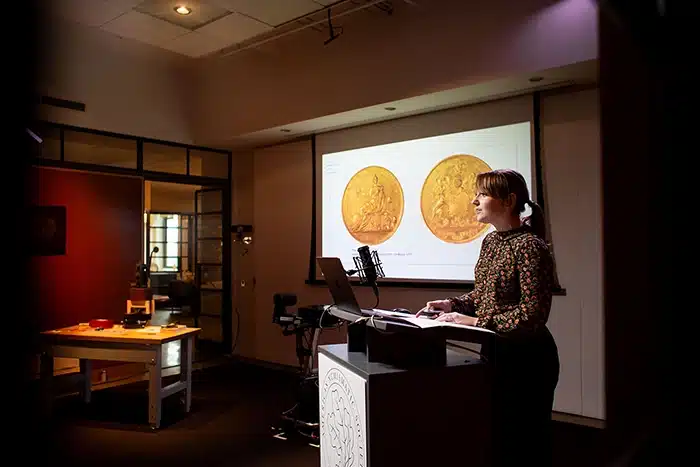 Figure 4. Emily Pearce Seigerman, the Ben Lee Damsky Assistant Curator of Numismatics at Yale University Art Gallery, presenting on the rise of self-awareness on 18th- and 19th-century engravings.