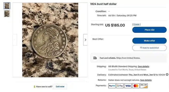 Counterfeit 1824 Half Dollar listed on eBay.