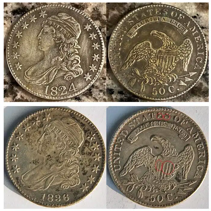 Counterfeit 1824 and 1836 Half Dollars. 1836 These two counterfeit examples share some common features.