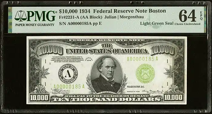 A near-gem $10,000 Federal Reserve Note brought nearly half a million dollars at auction. Image: Heritage Auctions.