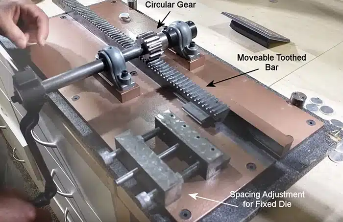 Figure 1. During use, teeth of the circular gear engage the teeth in a moveable flat bar to which was attached a die. A matching, but immovable, die was also connected to the machine base. A cut blank was aligned with the two dies. (Images courtesy Brian Ferguson’s “Upsetting mill/Castaing machine at the ANA mini mint” video and ANA Money Museum, https://www.money.org/money-museum.